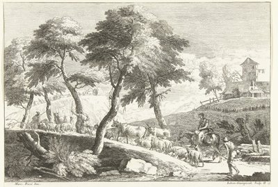 Paisaje montañoso con pastores y ganado. Paisajes italianos (título de la serie) de Giuliano Giampiccoli
