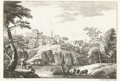 Paisaje montañoso con ciudad y pescador. Paisajes italianos (título de la serie) de Giuliano Giampiccoli