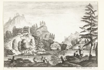 Paisaje con río y algunas figuras. Paisajes italianos (título de la serie) de Giuliano Giampiccoli