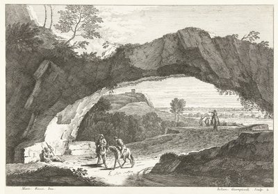 Paisaje con puente de piedra y algunas figuras. Paisajes italianos (título de la serie) de Giuliano Giampiccoli