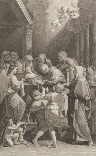 La circuncisión de Cristo, un grupo de hombres, mujeres y ángeles lo rodean, ca. 1760-1800 de Giuliano Traballesi