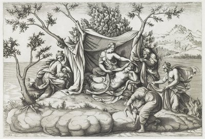 Latona dando a luz a Apolo y Diana, grabado por Diana Mantovana (después de 1575) (grabado) de Giulio (after) Romano