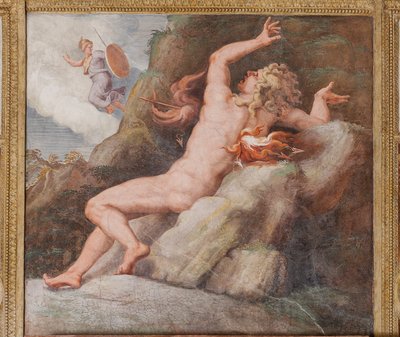 Áyax empalado con un destello de fuego en una roca afilada, El Caballo de Troya, Sala de Troya de Giulio (and workshop) Romano
