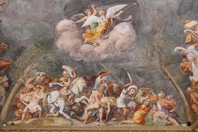 Áyax protegiendo el cadáver de Patroclo durante la batalla de Troya, El Caballo de Troya, Sala de Troya de Giulio (and workshop) Romano