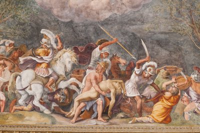 Áyax protegiendo el cadáver de Patroclo durante la batalla de Troya, El Caballo de Troya, Sala de Troya de Giulio (and workshop) Romano