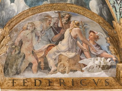 Detalle de la bóveda: luneta que representa a Venus que obtiene de Zeus la disponibilidad de Mercurio, Cámara de Cupido y Psique (Sala di Amore e Psiche) de Giulio (and workshop) Romano