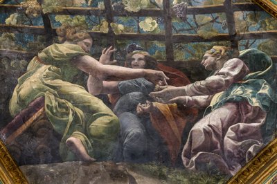 Detalle de la bóveda con mujeres jóvenes y uvas, Cámara de Cupido y Psique (Sala di Amore e Psiche) de Giulio (and workshop) Romano