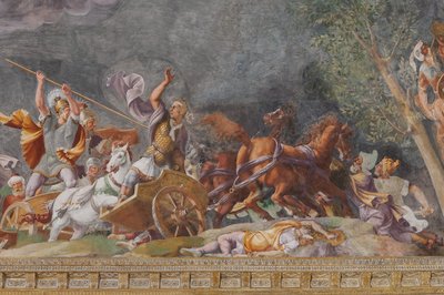 Detalle que representa una batalla, El Caballo de Troya, Sala de Troya de Giulio (and workshop) Romano