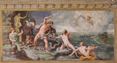 Laocoonte y sus hijos siendo atacados por serpientes, El Caballo de Troya, Sala de Troya de Giulio (and workshop) Romano