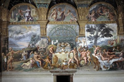 El noble banquete celebrando el matrimonio de Cupido y Psique, pared sur de la Sala de Cupido y Psique, c.1527-31 (fresco) de Giulio (and workshop) Romano