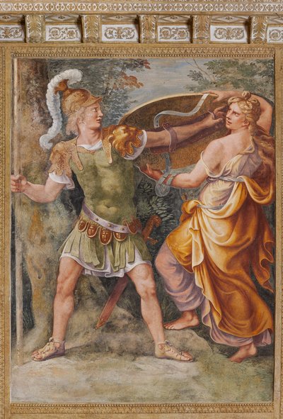 Tetis entregando a Aquiles las armas forjadas por Hefesto (Vulcano), El Caballo de Troya, Sala de Troya de Giulio (and workshop) Romano