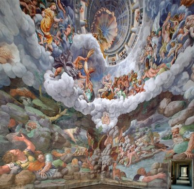 Zeus rodeado de otros dioses del Olimpo lanzando rayos contra los Gigantes y destruyéndolos, bóveda y paredes Sur y Oeste, Sala de los Gigantes (Sala dei Giganti ) de Giulio (and workshop) Romano