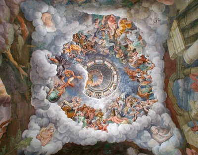 Zeus rodeado de otros dioses del Olimpo lanzando rayos contra los Gigantes y destruyéndolos, bóveda y paredes Sur y Oeste, Sala de los Gigantes (Sala dei Giganti ) de Giulio (and workshop) Romano