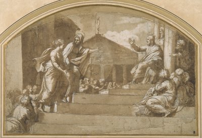 Marta llevando a María Magdalena a Cristo de Giulio (attr. to) Romano
