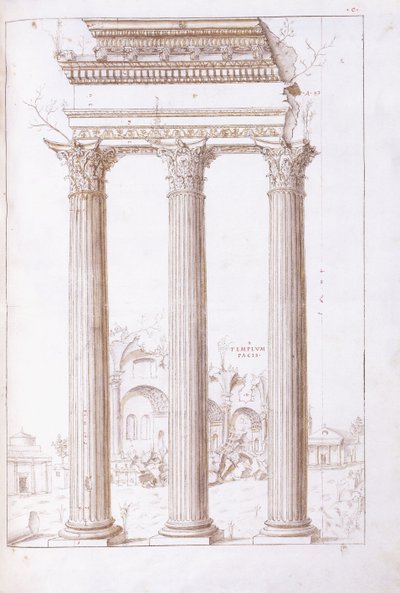 Las columnas del templo de Cástor y Pólux, con el templo de la Paz al fondo, c.1550 de Giulio (circle of) Romano