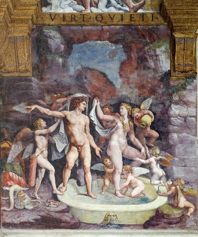 Sala de la Psique, pared norte: Venus y Marte bañándose; Eros y algunos cupidos asisten al baño de la diosa (fresco) de Giulio (workshop of) Romano