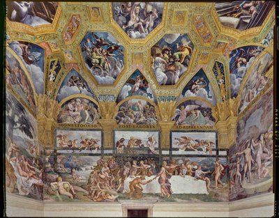 Sala de la Psique: vista del muro occidental, con el Banquete rústico (fresco) de Giulio (workshop of) Romano