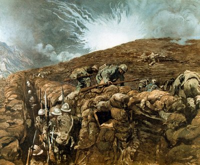 Primera Guerra Mundial: trincheras cerca de Gorizia, campaña italiana alrededor del río Isonzo, septiembre de 1917 de Giulio Aristide Sartorio