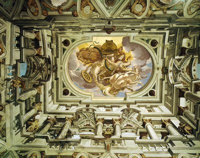 Cagnes (Alpes-Maritimes): techo del salón del antiguo castillo medieval, transformado en 1620; frescos en trampantojo (1625) del pintor genovés Carlone, la caída de Faetón de Giulio Benso