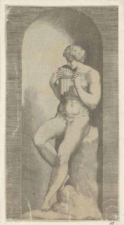 Hombre desnudo con flauta de pan en un nicho de Giulio Bonasone (possibly)