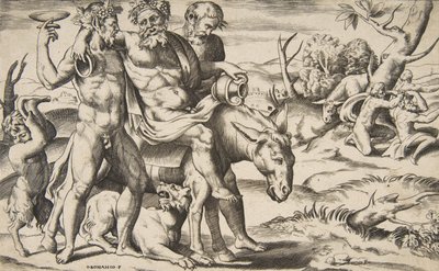 Un Sileno borracho montando un asno apoyado por sátiros, 1531-76 de Giulio Bonasone
