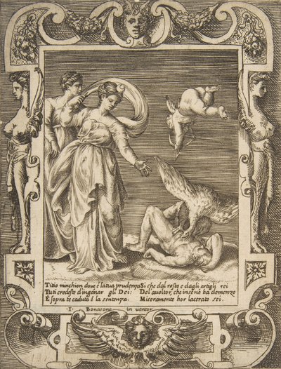 Un buitre comiendo las entrañas de Ticio, Cupido sobre dos mujeres a la izquierda, dentro de un marco elaborado, 1531-76 de Giulio Bonasone