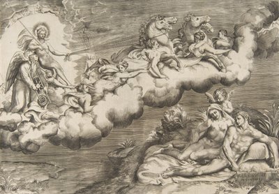 Una alegoría del sol naciente, un hombre desnudo con un sudario acompañado por el Padre Tiempo, 1531-76 de Giulio Bonasone