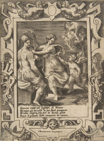 Atenea sentada cerca de Juno que ha tomado las flechas de Cupido de Giulio Bonasone