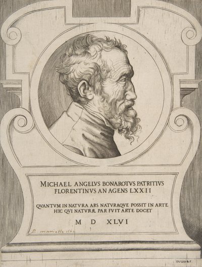 Retrato busto de Miguel Ángel mirando a la derecha, dentro de un cartucho, 1546 de Giulio Bonasone