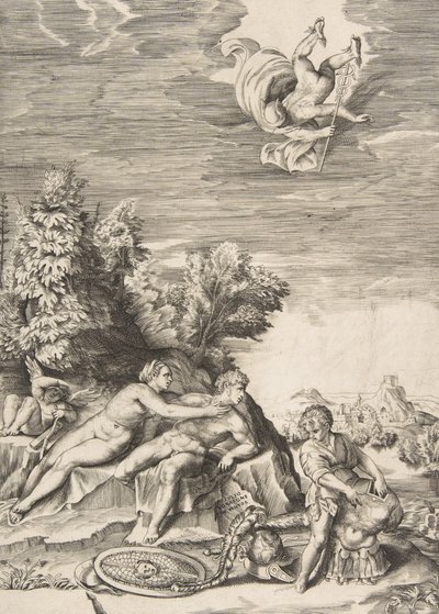 Calipso tratando de detener a Ulises mientras un niño prepara su armadura a la derecha y Mercurio fa..., 1531-76 de Giulio Bonasone