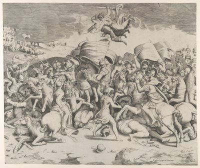 Constantino derrotando al tirano Majencio, ángeles con espadas vuelan arriba, 1544 de Giulio Bonasone