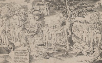 Cupido en los Campos Elíseos atado a un árbol en el centro, rodeado de muchas figuras, 1563 de Giulio Bonasone