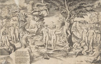 Cupido en los Campos Elíseos atado a un árbol en el centro, rodeado de muchas figuras, 1563 de Giulio Bonasone