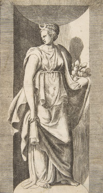 Diana sosteniendo fruta en su mano izquierda dentro de un nicho, ca. 1531-76 de Giulio Bonasone