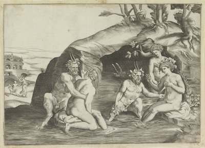 Tres ninfas y dos sátiros bañándose de Giulio Bonasone