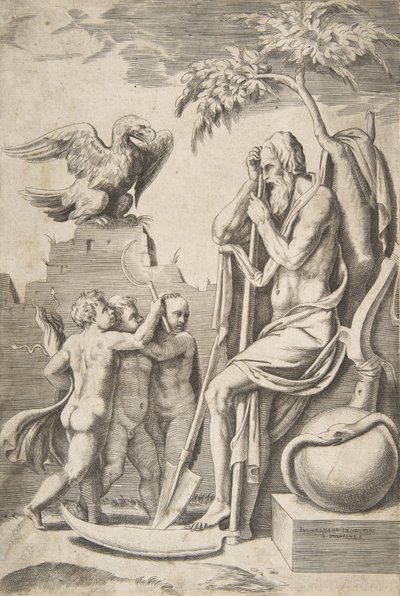 El Padre Tiempo a la derecha apoyado en una guadaña, tres niños desnudos y un águila a la izquierda, 1531-76 de Giulio Bonasone