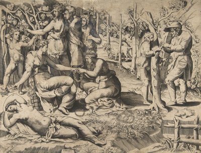 Flora en el centro pasando una corona a otra mujer, rodeada de otras figuras, mediados del siglo XVI de Giulio Bonasone