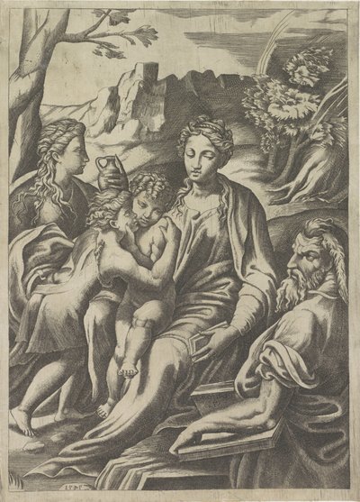 Sagrada Familia con el joven Juan Bautista y María Magdalena de Giulio Bonasone