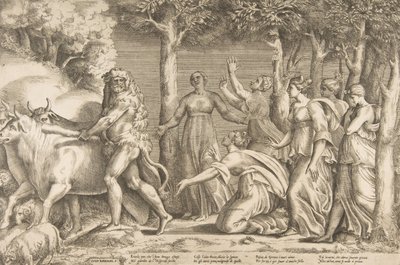 Hércules ahuyentando el ganado de Gerión, a la derecha están las ninfas de las Hespérides, ca. 1531-76 de Giulio Bonasone