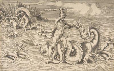 Hércules luchando contra un dragón en el centro, Aqueloo llevándose a Deianira arriba a la izquierda, 1531-76 de Giulio Bonasone