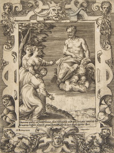 Juno a la izquierda pide a Júpiter que ayude a los griegos, dentro de un marco elaborado de Giulio Bonasone