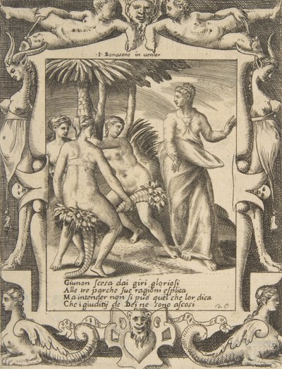 Juno a la derecha girándose y hablando con las Parcas, dentro de un marco elaborado, ca. 1531-76 de Giulio Bonasone