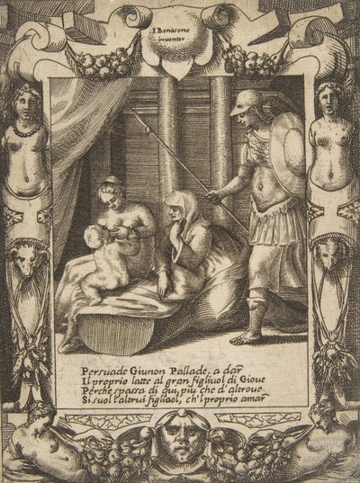 Juno persuadiendo a Atenea para amamantar al joven Hércules, dentro de un marco elaborado, de de Giulio Bonasone