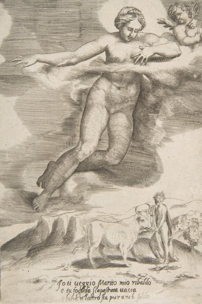Juno observando a Júpiter e Io, de Los amores de los dioses de Giulio Bonasone