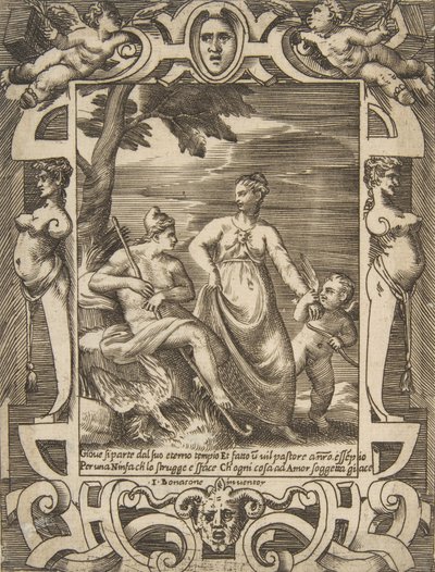 Júpiter a la izquierda en forma de pastor acompañado por Mnemósine, dentro de un elaborado marco, 1531-76 de Giulio Bonasone