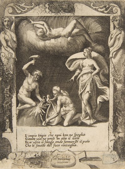 Litigium removido del cuerpo del Caos mientras su madre es lanzada al aire, 1531-76 de Giulio Bonasone