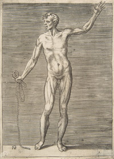 Hombre visto de frente, sosteniendo una cuerda en su mano derecha de Giulio Bonasone