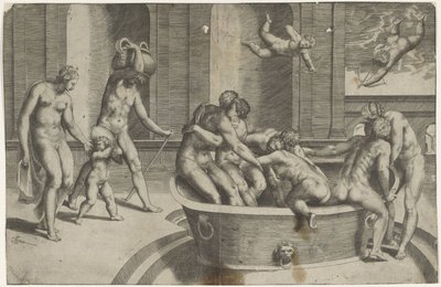 Hombres y mujeres en una gran bañera. de Giulio Bonasone