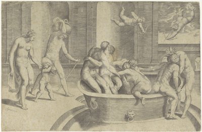 Hombres y mujeres en una gran bañera. de Giulio Bonasone