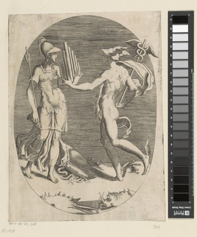 Mercury le da a Minerva una flauta de pan. de Giulio Bonasone